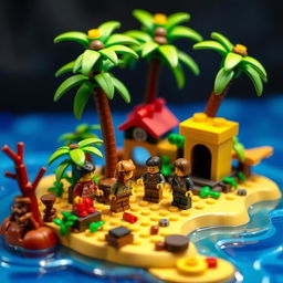 A stop-motion animation scene featuring a whimsical and vibrant small tropical LEGO island