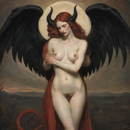 An evocative scene showing Lilith, with her mysterious, powerful bearing, in a tender embrace with Lucifer, the charmingly dangerous figure.