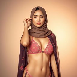 An attractive Asian woman with fair skin, wearing a beautiful hijab paired with a sexy bikini