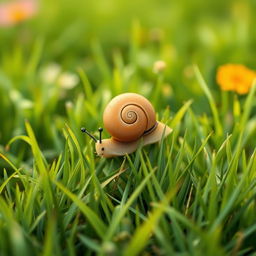 A cute, small brown snail crawling on a grassy field, captured in a close-up, illustrated in Jon Klassen's distinctive style