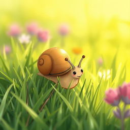 A cute, small brown snail crawling on a grassy field, captured in a close-up, illustrated in Jon Klassen's distinctive style