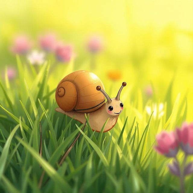 A cute, small brown snail crawling on a grassy field, captured in a close-up, illustrated in Jon Klassen's distinctive style