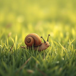 A cute, small brown snail crawling on a grassy field, captured in a close-up, illustrated in Jon Klassen's distinctive style