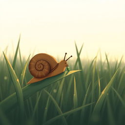 In the early morning, a small brown snail is perched on a grass leaf, munching on it, illustrated in Jon Klassen's distinctive style