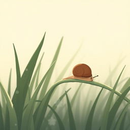 In the early morning, a small brown snail is perched on a grass leaf, munching on it, illustrated in Jon Klassen's distinctive style