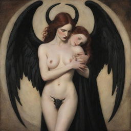 An evocative scene showing Lilith, with her mysterious, powerful bearing, in a tender embrace with Lucifer, the charmingly dangerous figure.