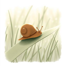 In the early morning, a small brown snail is perched on a grass leaf, munching on it, illustrated in Jon Klassen's distinctive style