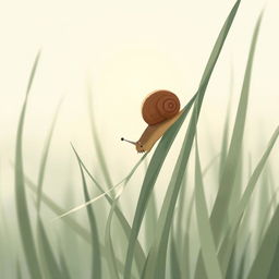 In the early morning, a small brown snail is perched on a grass leaf, munching on it, illustrated in Jon Klassen's distinctive style