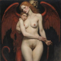 An evocative scene showing Lilith, with her mysterious, powerful bearing, in a tender embrace with Lucifer, the charmingly dangerous figure.