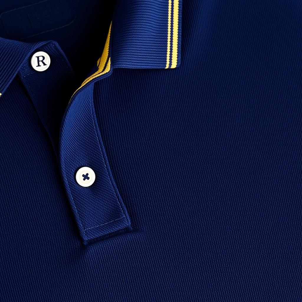 A navy blue polo shirt featuring a distinct stripe of light yellow inside the collar and on the sleeve bands, showcasing elegant tailoring and casual style