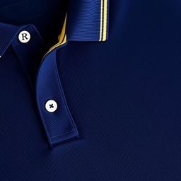 A navy blue polo shirt featuring a distinct stripe of light yellow inside the collar and on the sleeve bands, showcasing elegant tailoring and casual style