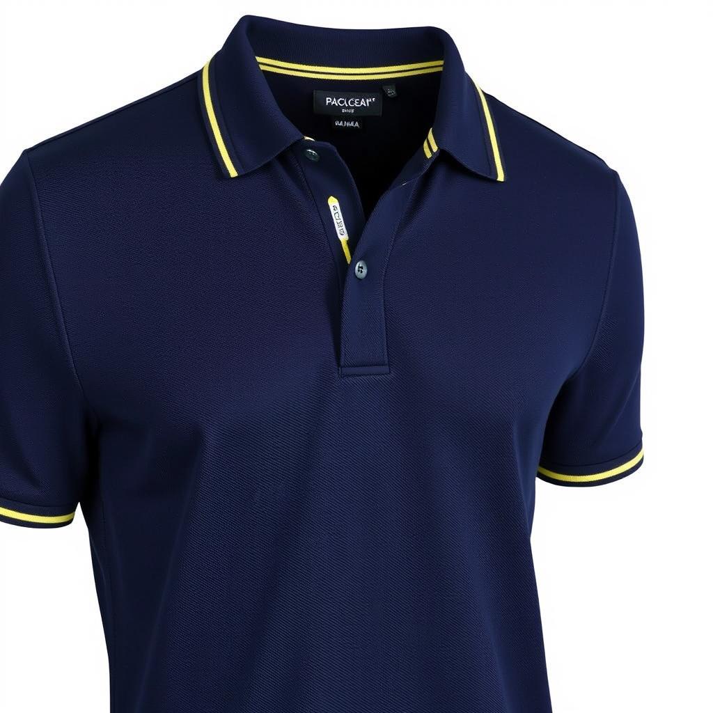 A navy blue polo shirt featuring a distinct stripe of light yellow inside the collar and on the sleeve bands, showcasing elegant tailoring and casual style