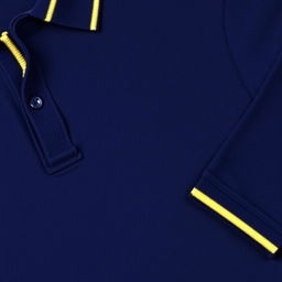 A navy blue polo shirt featuring a distinct stripe of light yellow inside the collar and on the sleeve bands, showcasing elegant tailoring and casual style