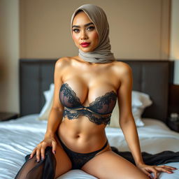 A beautiful Indonesian woman with fair skin wearing an elegant hijab, dressed in alluring lingerie