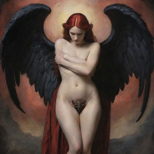 An evocative scene showing Lilith, with her mysterious, powerful bearing, in a tender embrace with Lucifer, the charmingly dangerous figure.