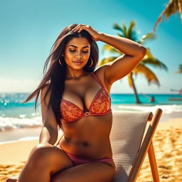 An Indian woman on a beach, sitting on a chair