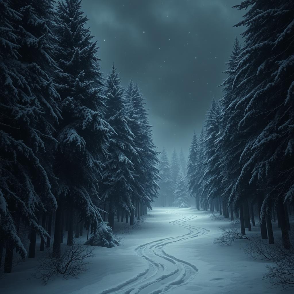 An entrance to a snow-covered forest enveloped in dense blacks and greys where darkness is captured in ethereal white air rings