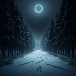 An entrance to a snow-covered forest enveloped in dense blacks and greys where darkness is captured in ethereal white air rings