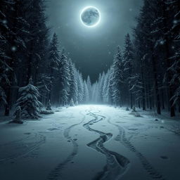 An entrance to a snow-covered forest enveloped in dense blacks and greys where darkness is captured in ethereal white air rings