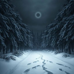 An entrance to a snow-covered forest enveloped in dense blacks and greys where darkness is captured in ethereal white air rings