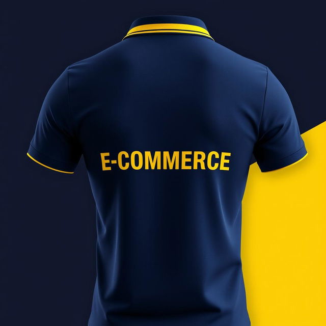 A navy blue polo shirt featuring a distinct yellow stripe in the collar, with bold text 'E-COMMERCE' printed across the back