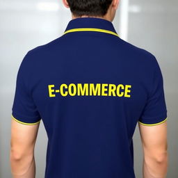A navy blue polo shirt featuring a distinct yellow stripe in the collar, with bold text 'E-COMMERCE' printed across the back