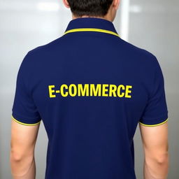 A navy blue polo shirt featuring a distinct yellow stripe in the collar, with bold text 'E-COMMERCE' printed across the back