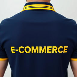 A navy blue polo shirt featuring a distinct yellow stripe in the collar, with bold text 'E-COMMERCE' printed across the back