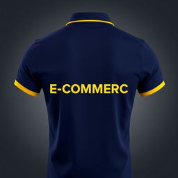 A navy blue polo shirt featuring a distinct yellow stripe in the collar, with bold text 'E-COMMERCE' printed across the back