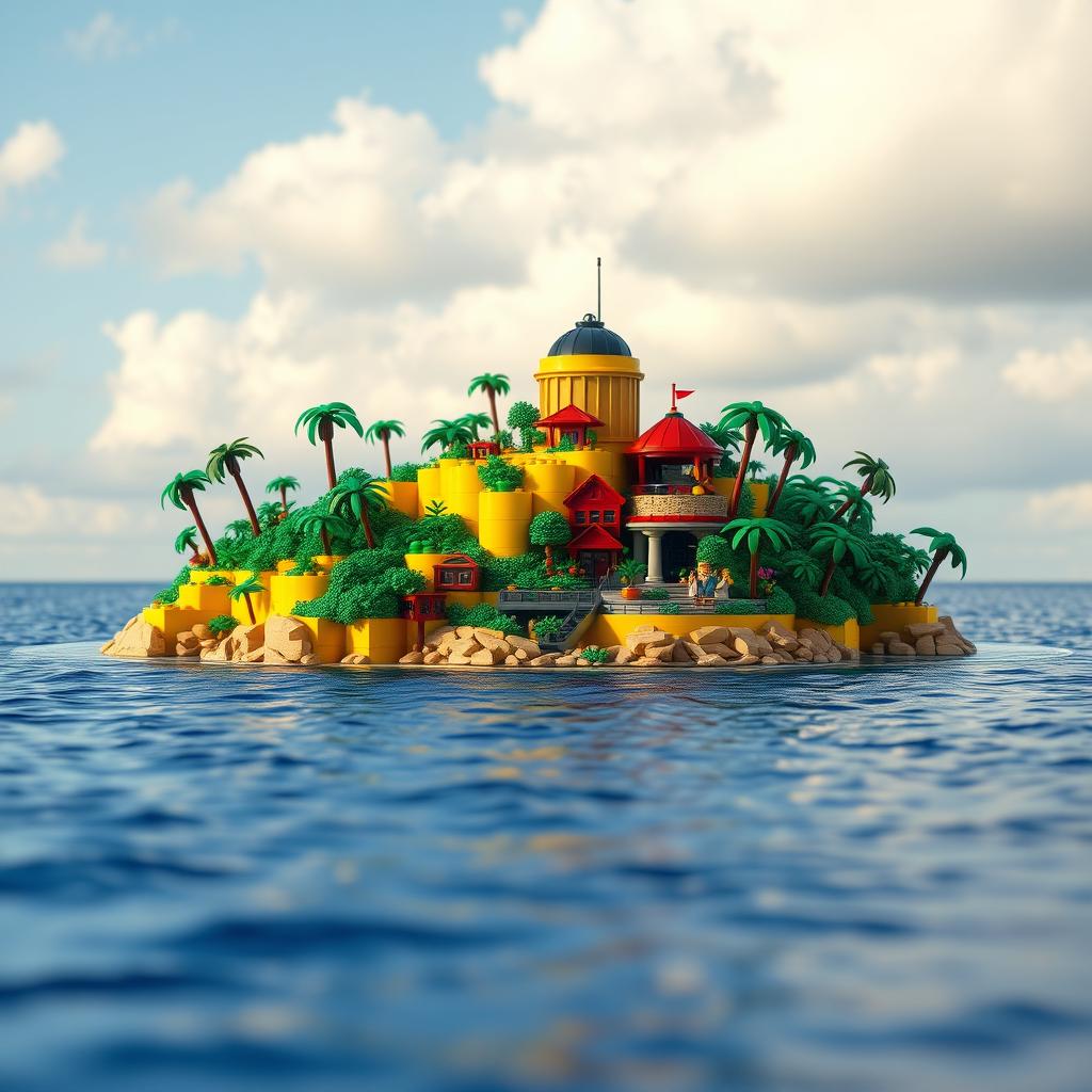 A whimsical and vibrant scene of a tropical LEGO island, surrounded by a vast expanse of water, combining stop-motion animation, adventure, comedy, fantasy, and thriller genres