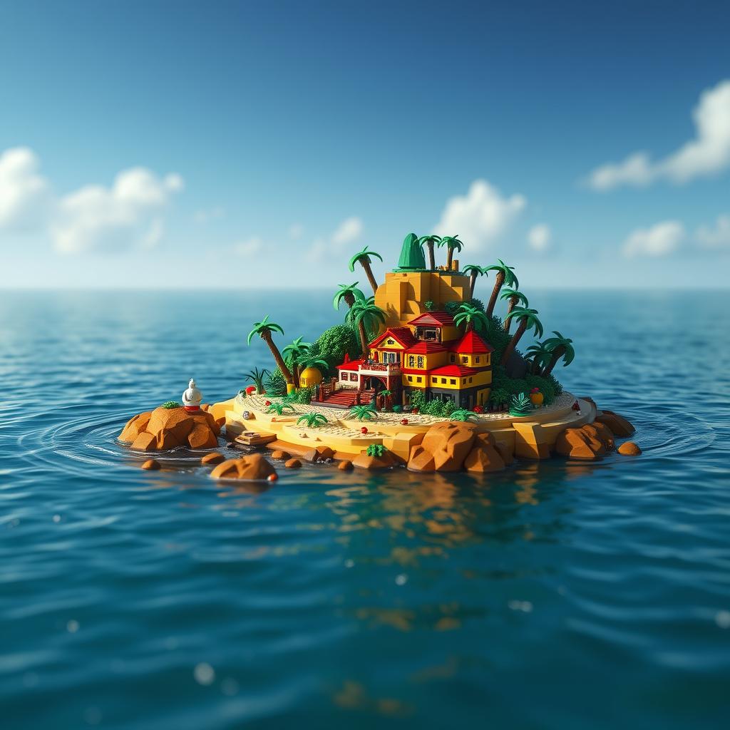 A whimsical and vibrant scene of a tropical LEGO island, surrounded by a vast expanse of water, combining stop-motion animation, adventure, comedy, fantasy, and thriller genres