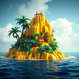 A whimsical and vibrant scene of a tropical LEGO island, surrounded by a vast expanse of water, combining stop-motion animation, adventure, comedy, fantasy, and thriller genres