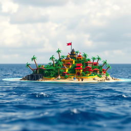 A whimsical and vibrant scene of a tropical LEGO island, surrounded by a vast expanse of water, combining stop-motion animation, adventure, comedy, fantasy, and thriller genres