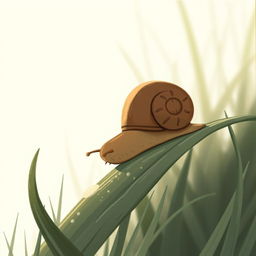 In the early morning, a small brown snail is on a piece of grass, captured in a close-up, illustrated in Jon Klassen's distinctive style