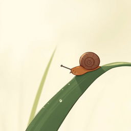 In the early morning, a small brown snail is on a piece of grass, captured in a close-up, illustrated in Jon Klassen's distinctive style