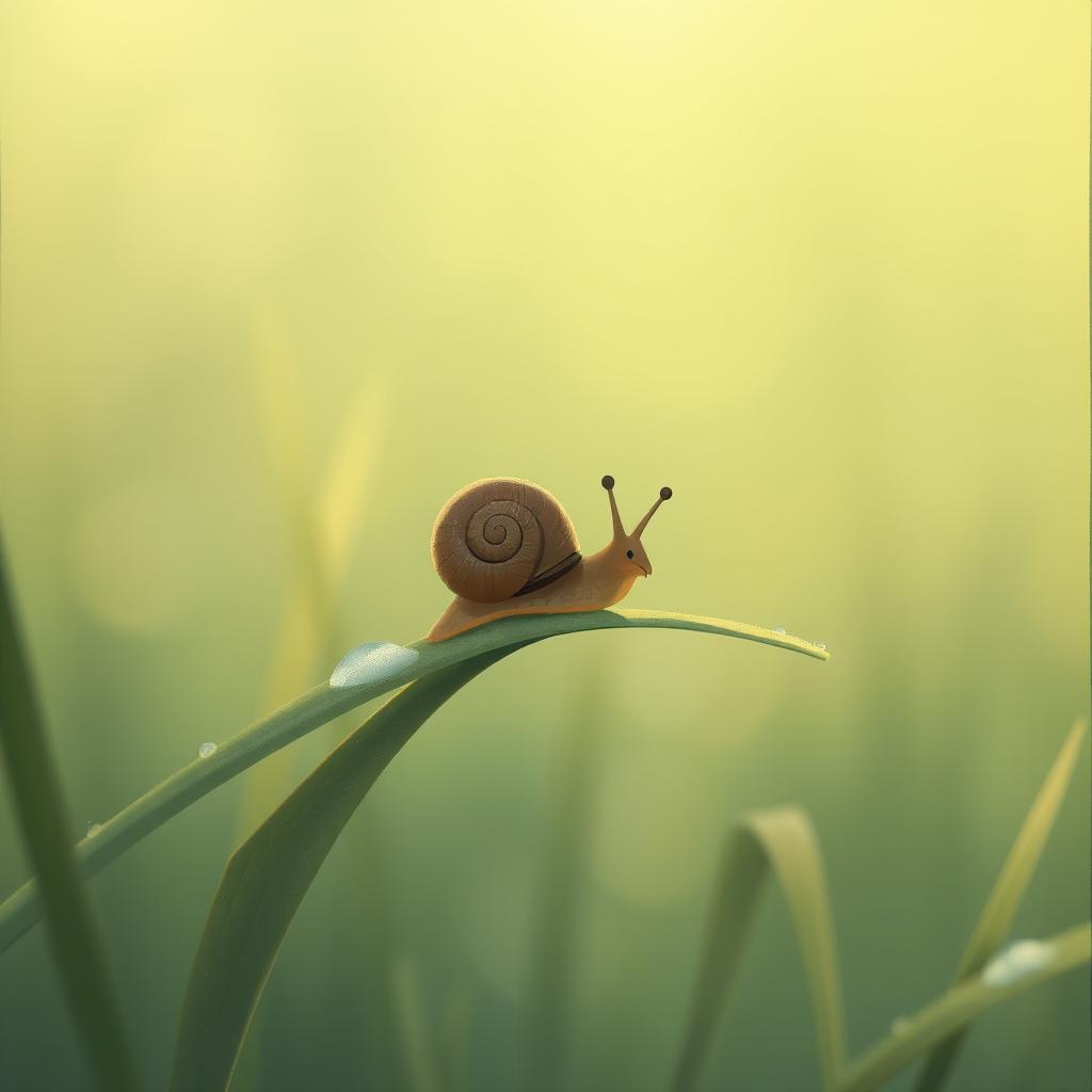 In the early morning, a small brown snail is on a piece of grass, captured in a close-up, illustrated in Jon Klassen's distinctive style