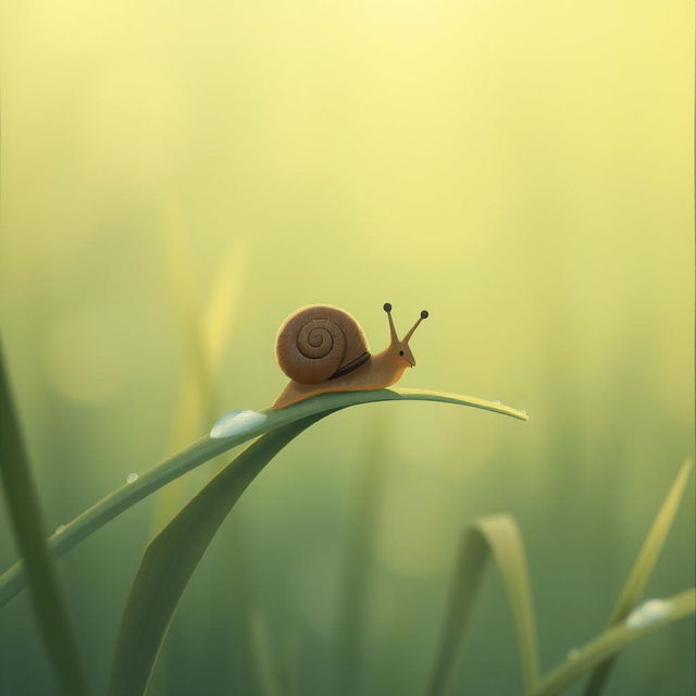 In the early morning, a small brown snail is on a piece of grass, captured in a close-up, illustrated in Jon Klassen's distinctive style