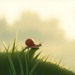 In the early morning, a small brown snail is on a piece of grass, captured in a close-up, illustrated in Jon Klassen's distinctive style