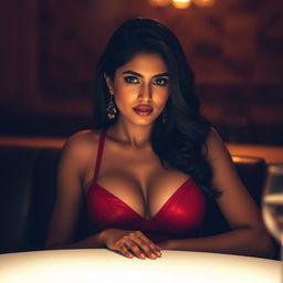 An Indian woman with an alluring presence, sitting at a table in a sensual pose