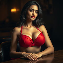 An Indian woman with an alluring presence, sitting at a table in a sensual pose