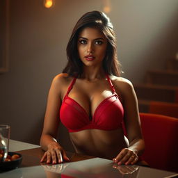 An Indian woman with an alluring presence, sitting at a table in a sensual pose