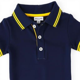 A navy polo shirt with a unique collar and band design, featuring a bold yellow stripe along the collar and band, adding a youthful and preppy touch