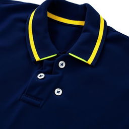 A navy polo shirt with a unique collar and band design, featuring a bold yellow stripe along the collar and band, adding a youthful and preppy touch