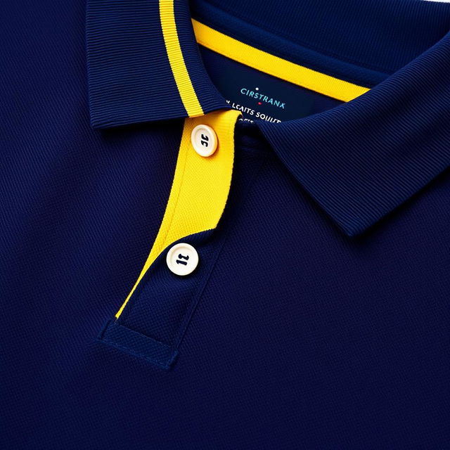 A navy polo shirt with a unique collar and band design, featuring a bold yellow stripe along the collar and band, adding a youthful and preppy touch