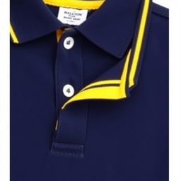 A navy polo shirt with a unique collar and band design, featuring a bold yellow stripe along the collar and band, adding a youthful and preppy touch