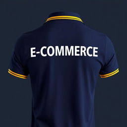 A navy polo shirt with a unique collar and band design, featuring a bold yellow stripe along the collar and band