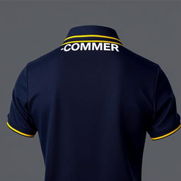 A navy polo shirt with a unique collar and band design, featuring a bold yellow stripe along the collar and band