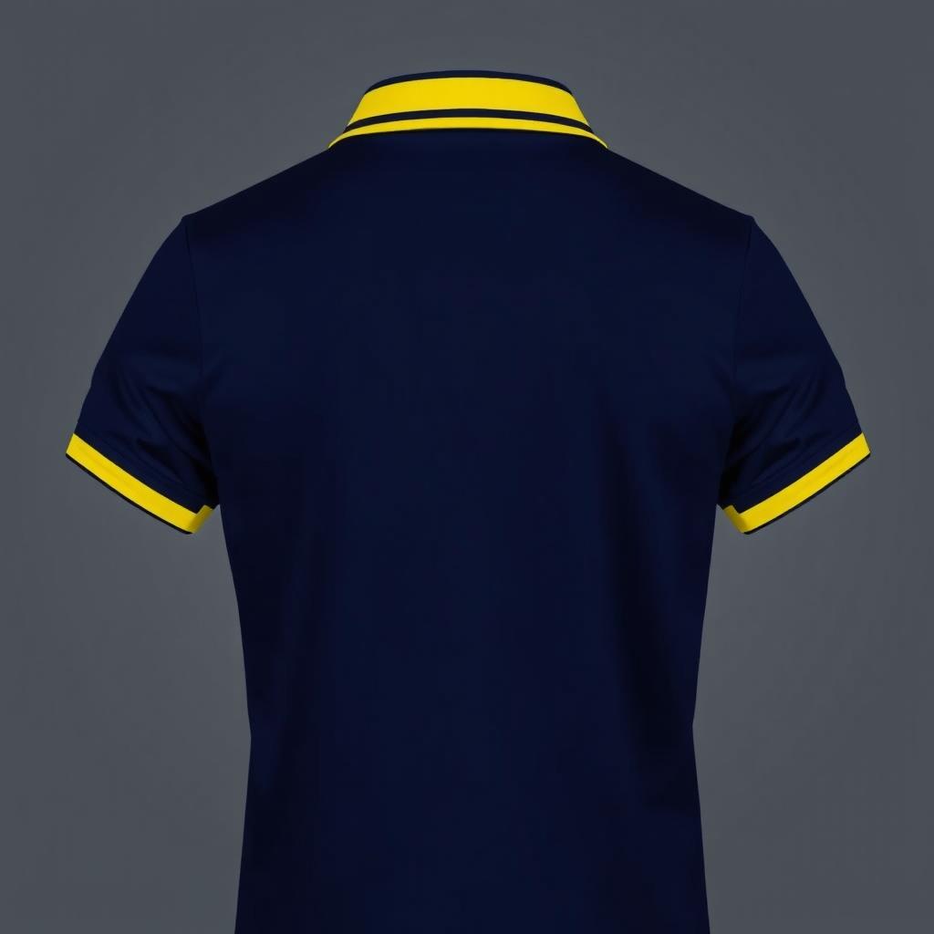 A navy polo shirt with a unique collar and band design, featuring a bold yellow stripe along the collar and band