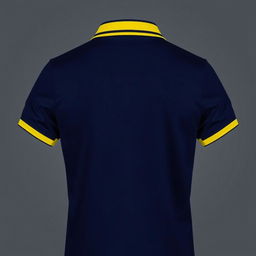 A navy polo shirt with a unique collar and band design, featuring a bold yellow stripe along the collar and band