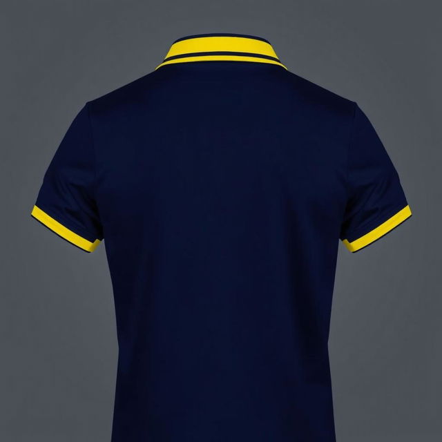 A navy polo shirt with a unique collar and band design, featuring a bold yellow stripe along the collar and band